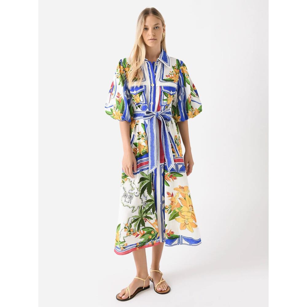 Farm Rio Tropical Destination Parrot Floral Tie-Waist Linen Midi Dress New Small